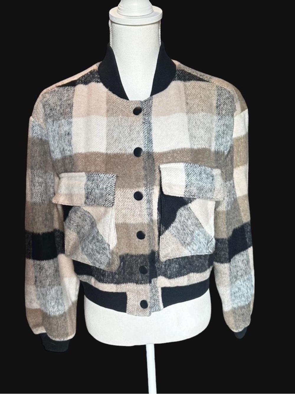 Plaid Boxy Bomber Jacket in Neutral Tones